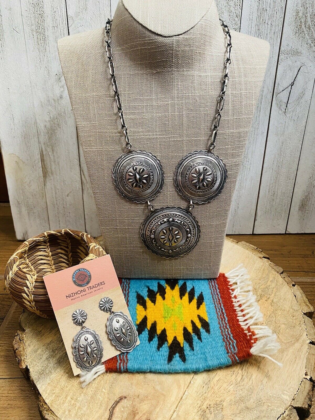 Navajo Hand Stamped Sterling Silver Necklace & Earring Set By Eugene Charley