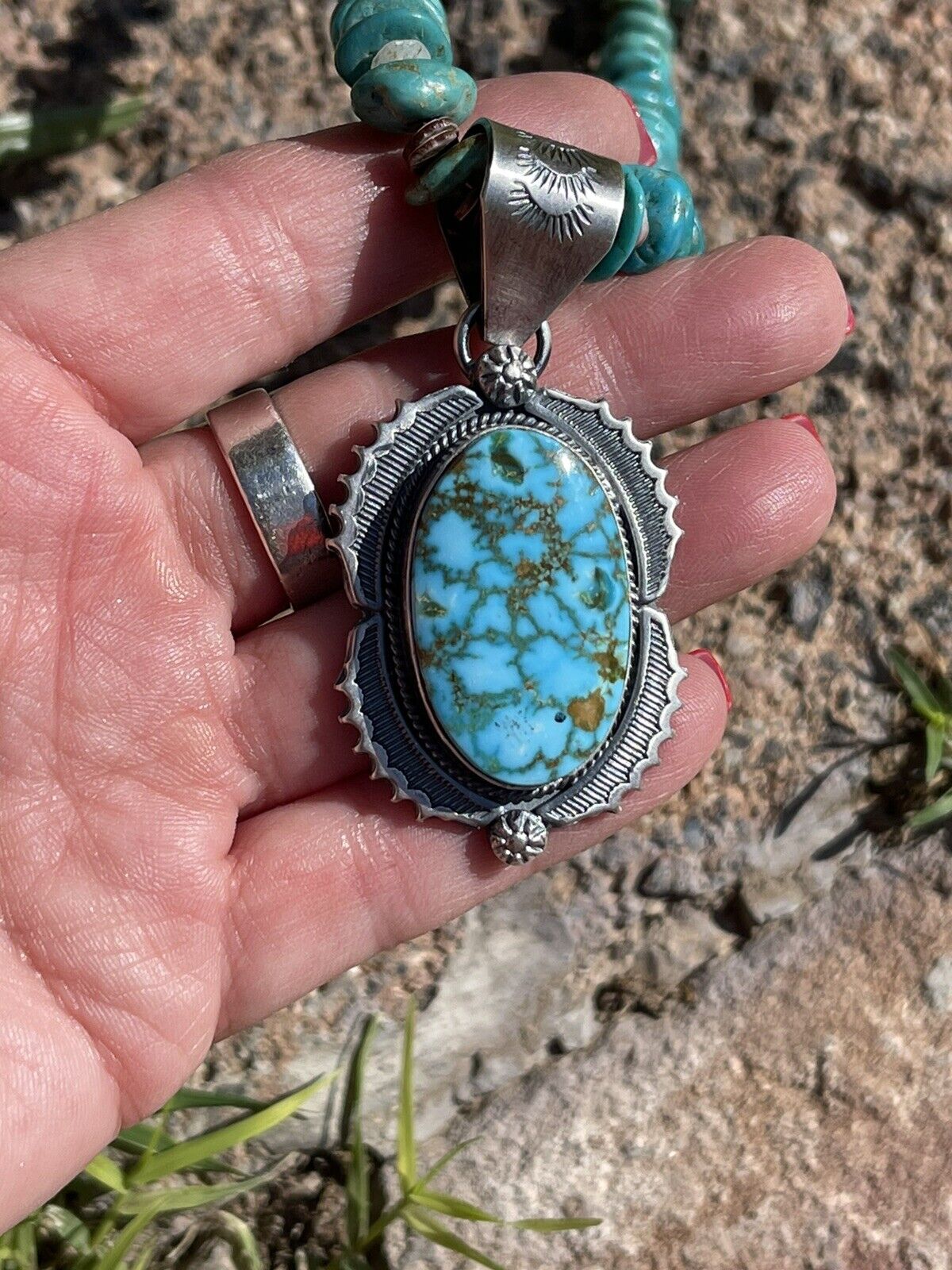Handcrafted Number 8 Turquoise & Sterling Silver Elegant Pendant Signed