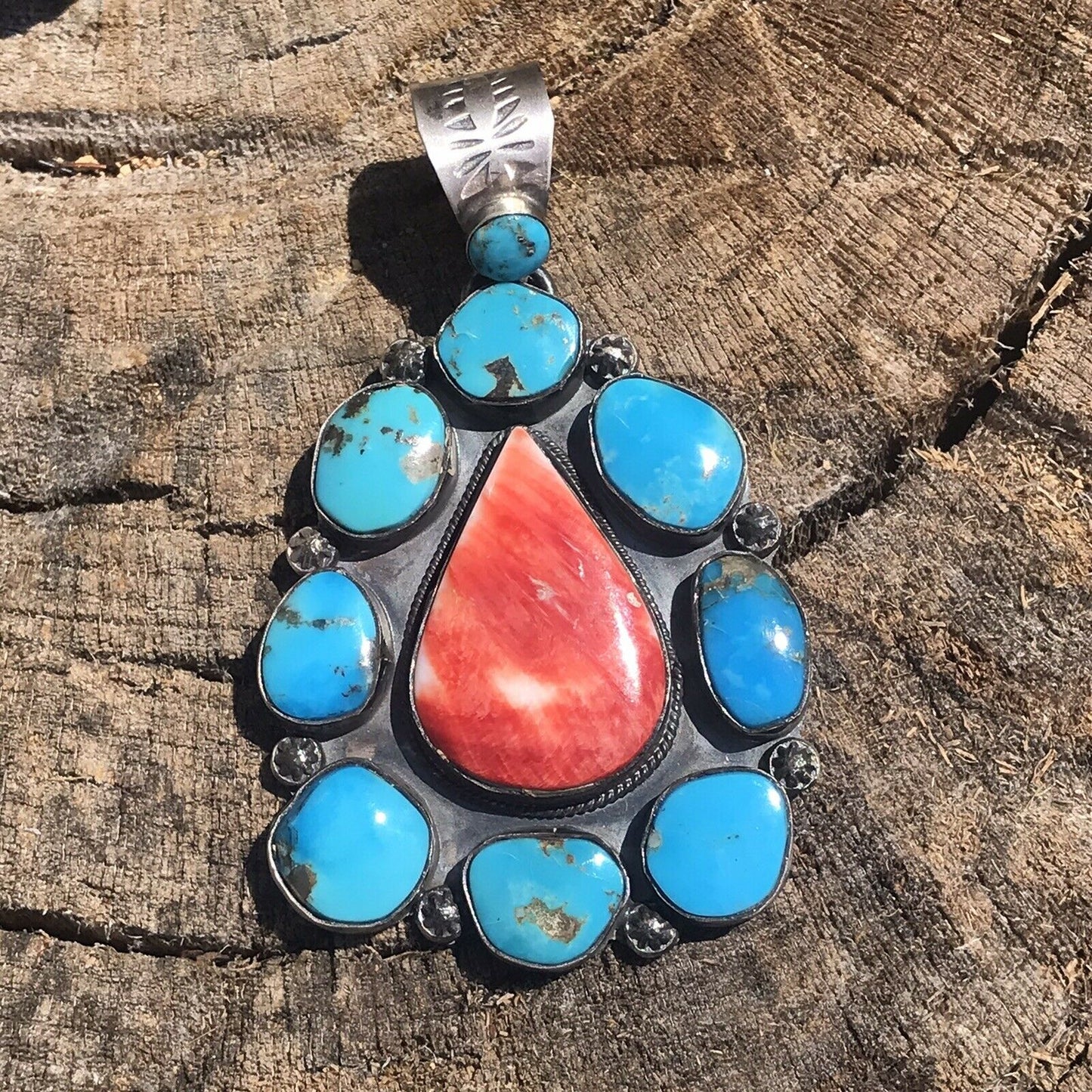 Navajo Sterling Silver Spiny Oyster And Kingman Turquoise Pendant