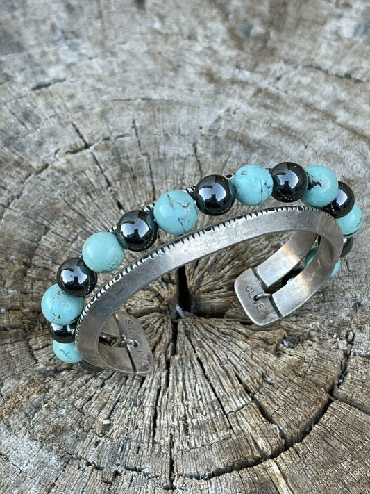 Handcrafted Vintage Fox Turquoise & Marcasite Bead Bracelet Cuff /