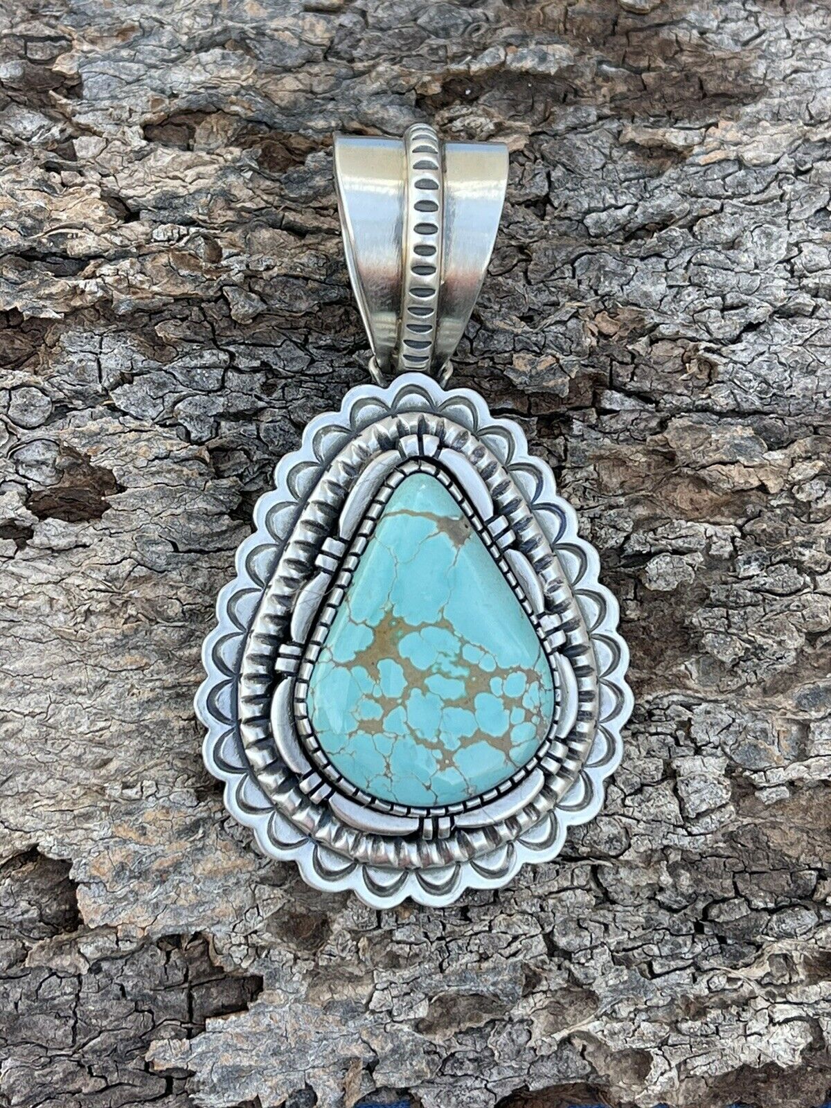 Handcrafted Number 8  Turquoise & Sterling Silver Jumbo Pendant Signed
