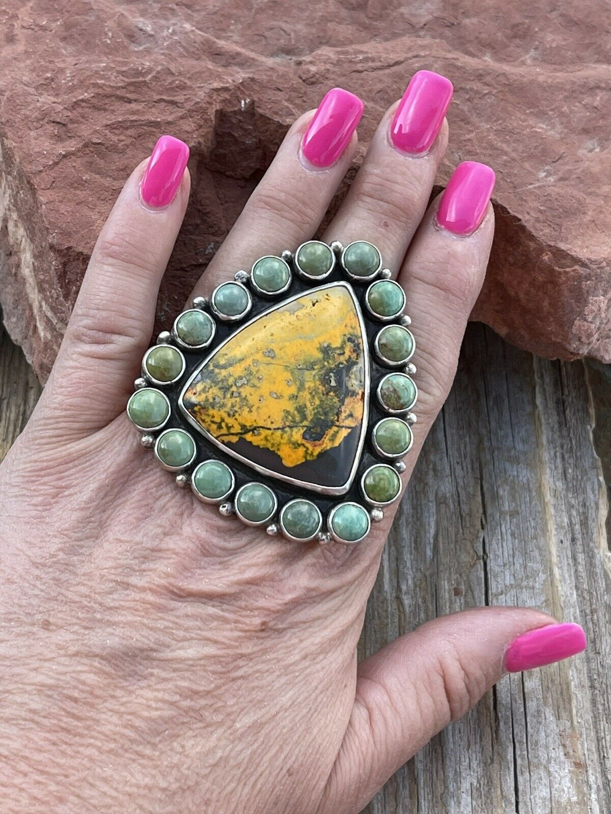 Handcrafted Turquoise & Bumble Bee Cluster Jumbo Ring Size 7