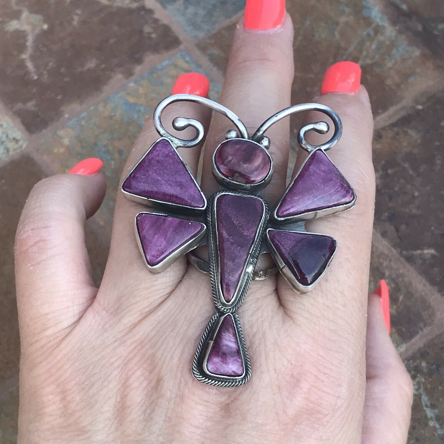 Handcrafted Sterling Silver Purple Spiny Oyster Dragonfly Ring Sz 6.5