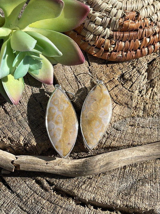Handcrafted Fossilized Coral & Sterling Silver Dangle Earrings Signed