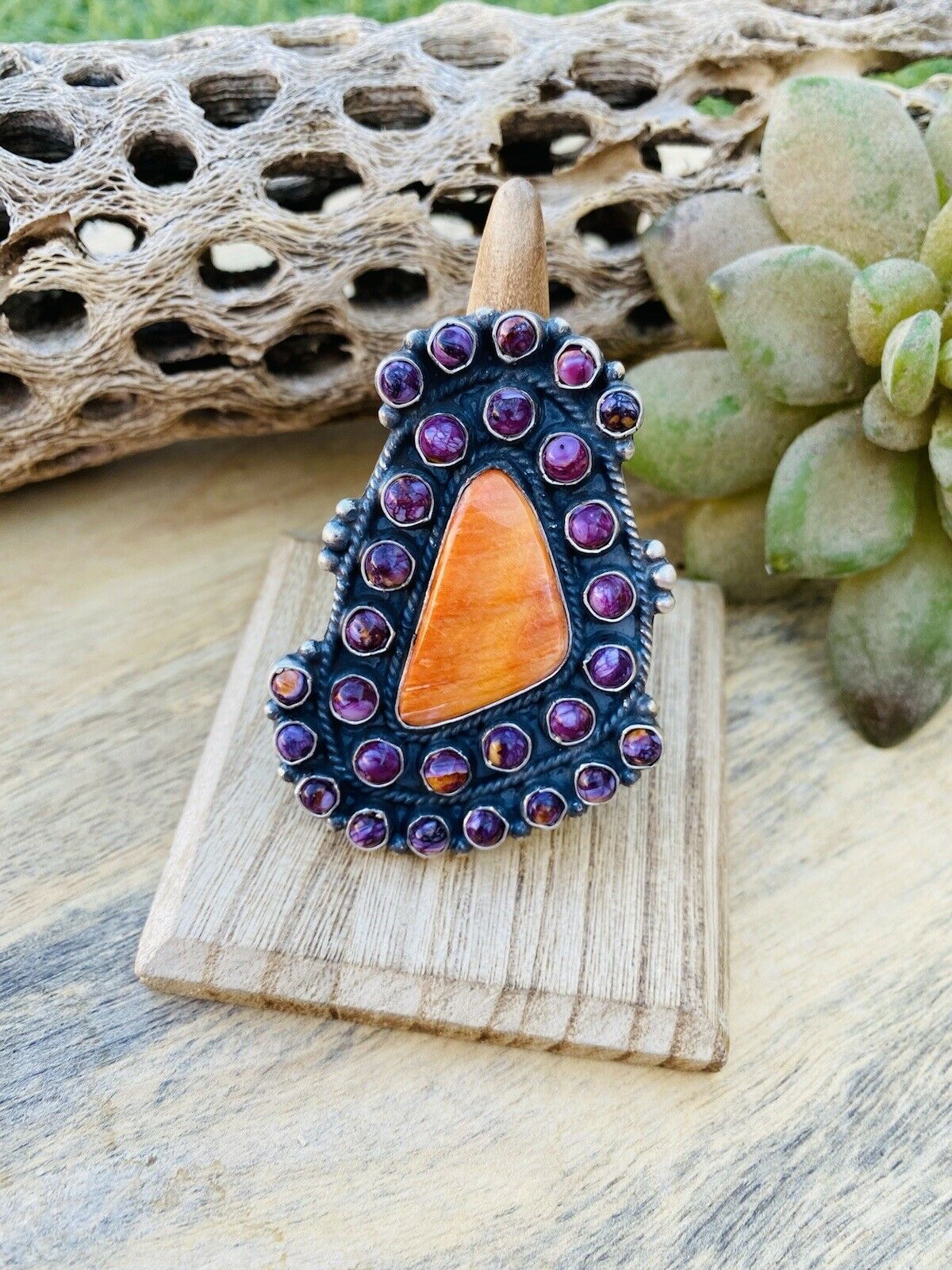 Handcrafted Sterling Silver & Purple & Orange Spiny Cluster Ring Size 7.5