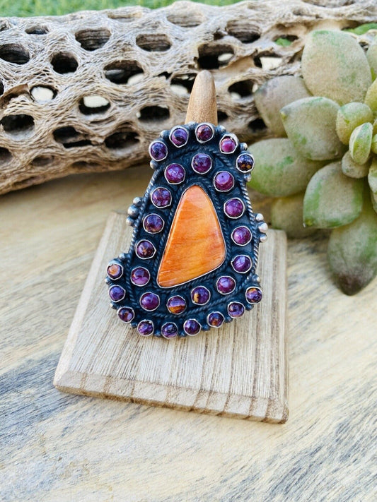 Handcrafted Sterling Silver & Purple & Orange Spiny Cluster Ring Size 7.5