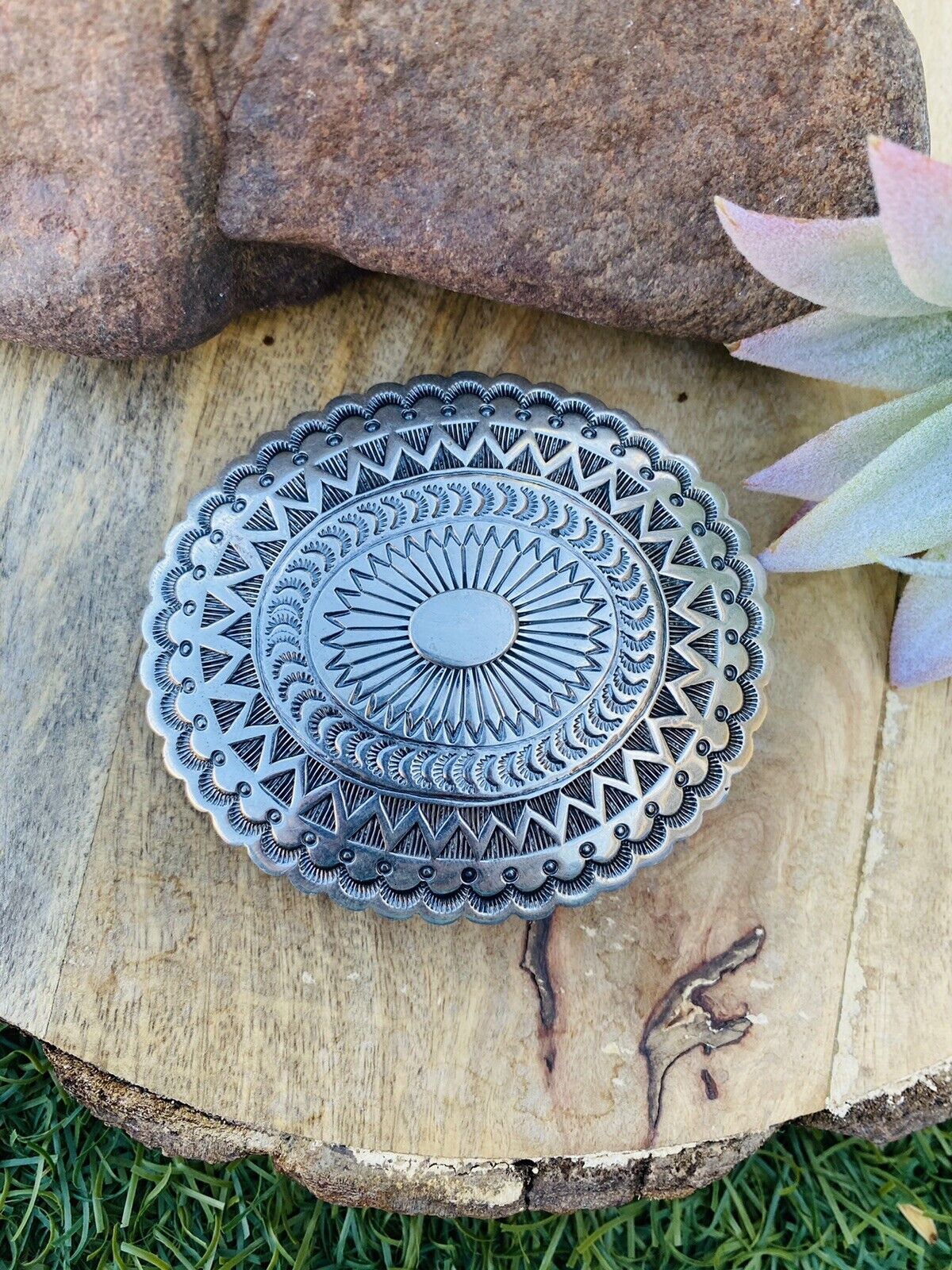 Vintage Handcrafted Hand Stamped Sterling Silver Belt Buckle Signed