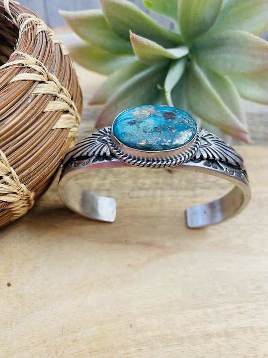 Handcrafted Sterling Silver & Royston Turquoise Cuff Bracelet Signed