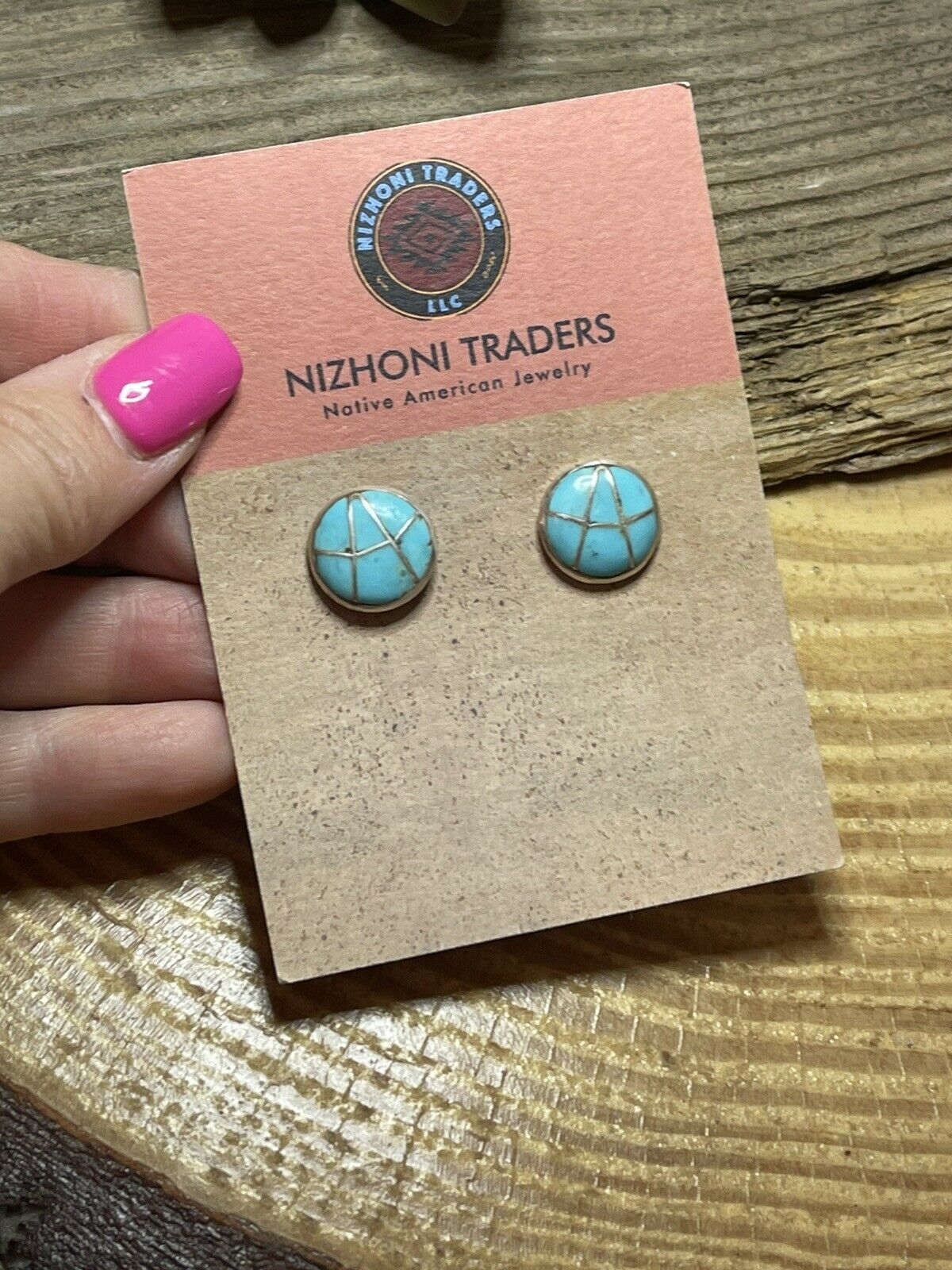 Handcrafted Sterling Silver & Turquoise Inlay Circle Post Earrings Signed K