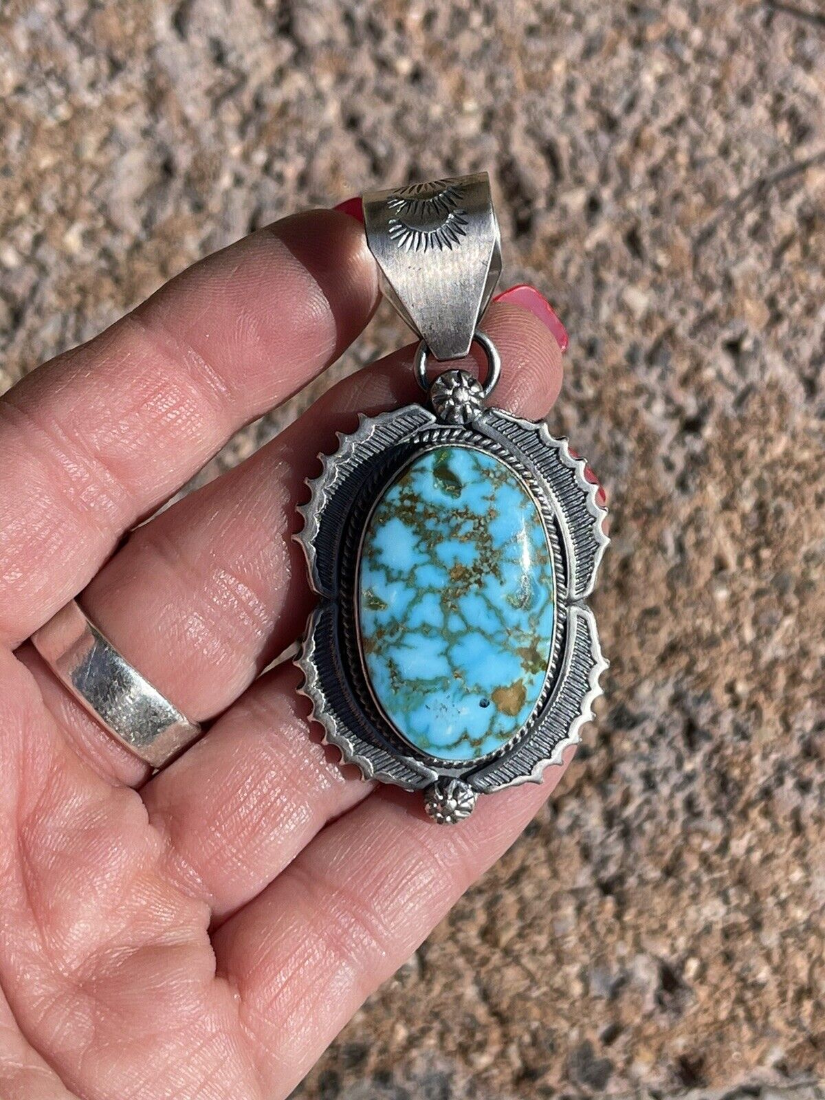 Handcrafted Number 8 Turquoise & Sterling Silver Elegant Pendant Signed