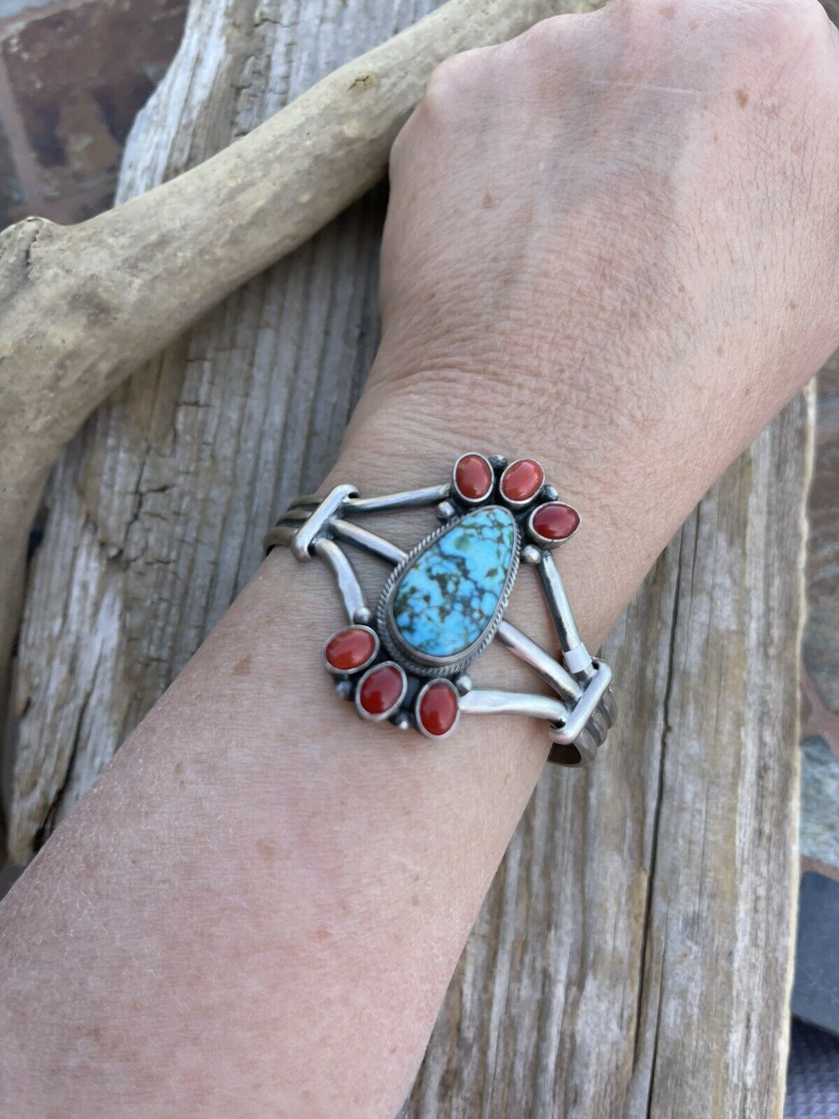 Navajo Sterling Kingman Web Turquoise & Red Coral Taos Bracelet Cuff Johnson