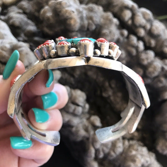 Navajo Sterling Statement Kingman Turquoise & Natural Red Coral Bracelet Cuff