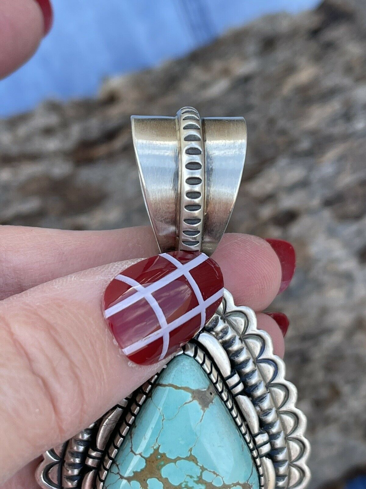 Handcrafted Number 8  Turquoise & Sterling Silver Jumbo Pendant Signed