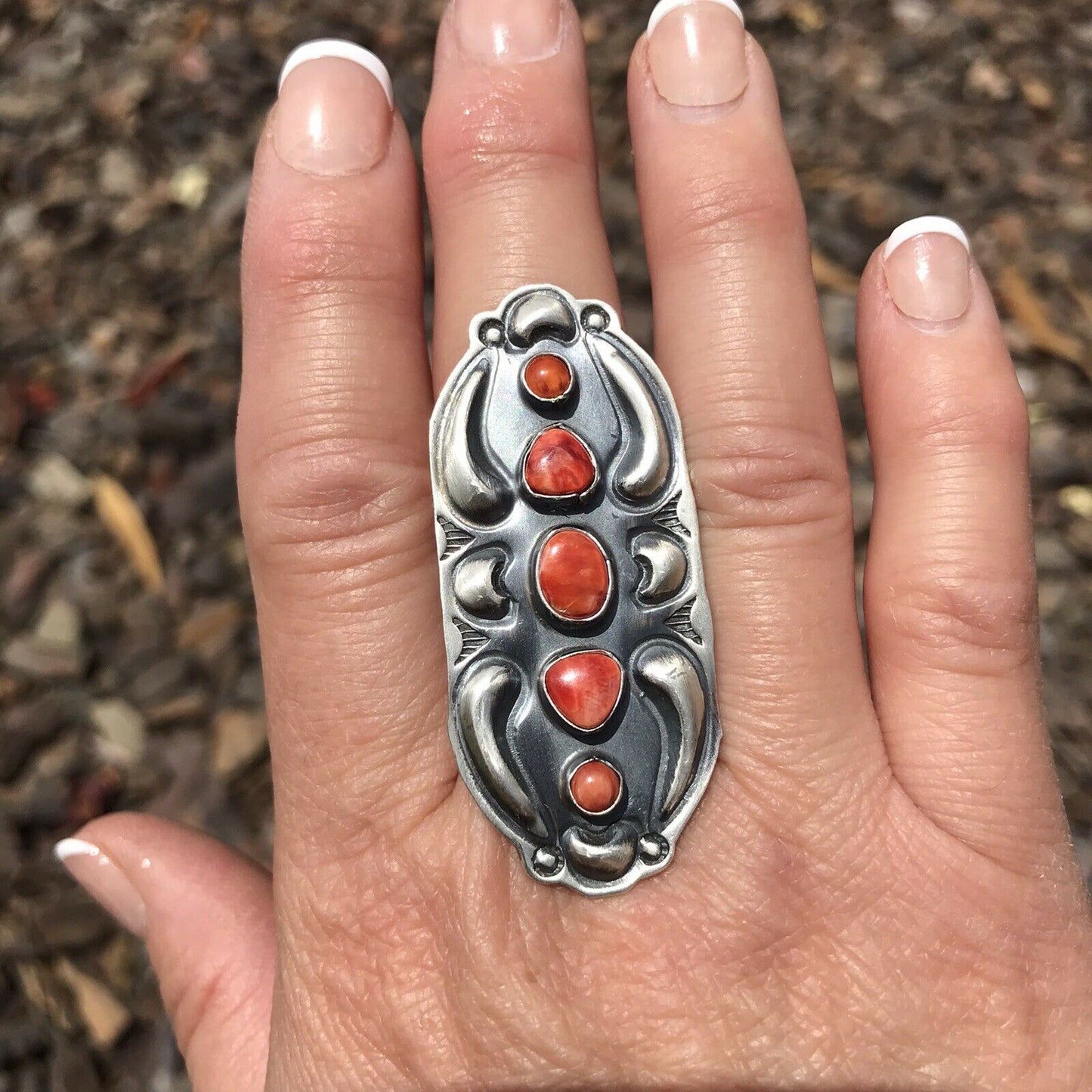 Handcrafted Sterling Silver Orange Spiny Oyster 5 Stone Ring