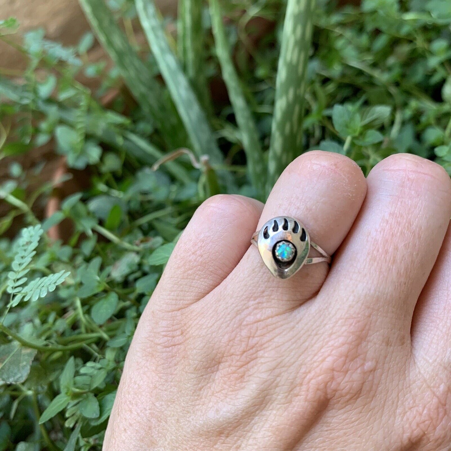 Handcrafted Sterling Silver & Green Opal Bear Paw Ring