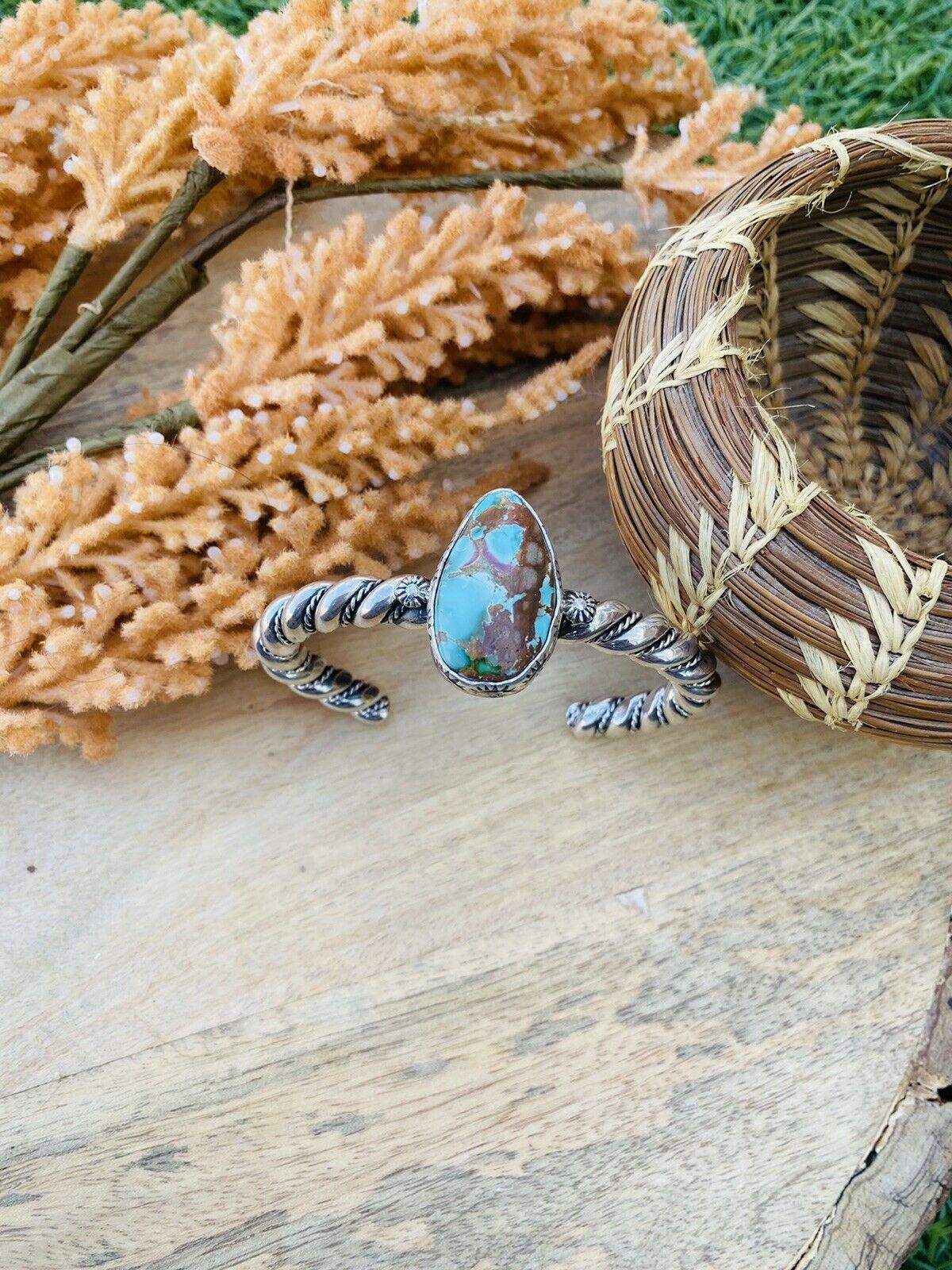 Handcrafted & Hand Stamped Sterling Silver & Royston Turquoise Cuff Bracelet