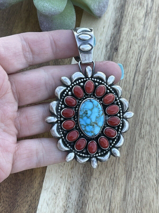 Handcrafted Kingman Web Turquoise & Red Coral Taos Ornate Pendant D. Clark