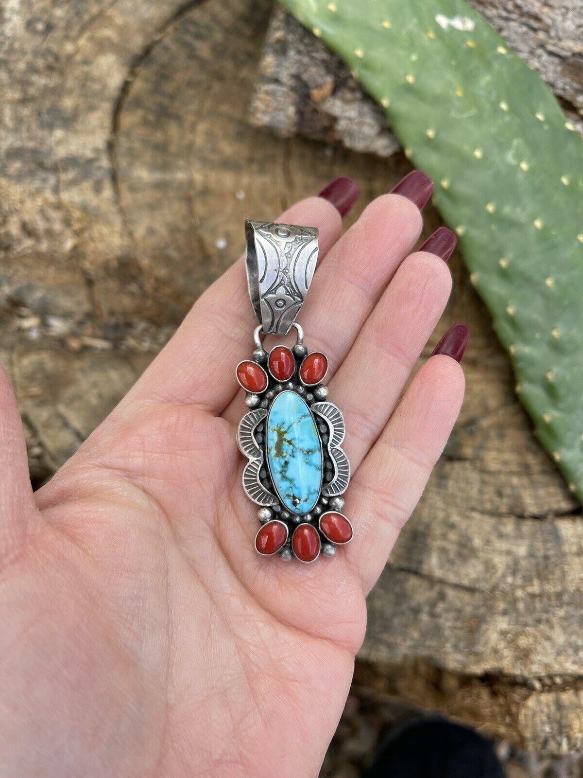 Handcrafted Sterling Kingman Web Turquoise & Red Coral Pendant Taos Collection