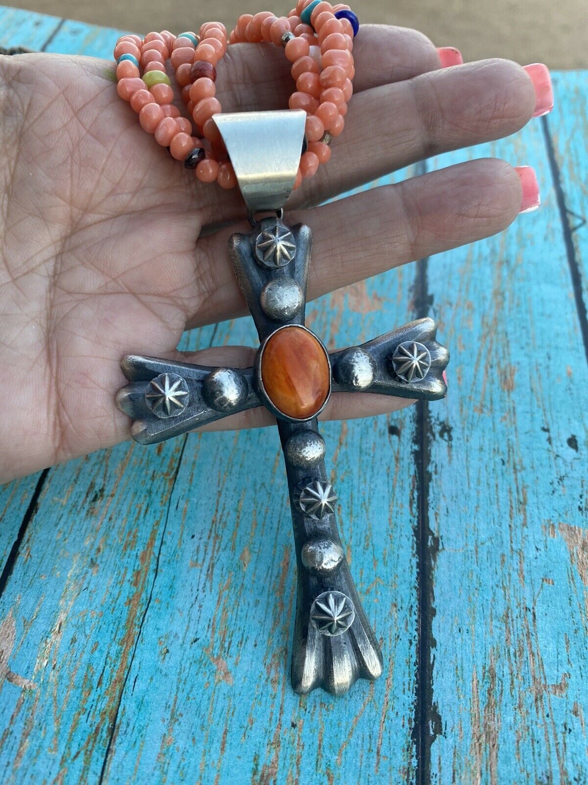 Handcrafted Sterling Silver & Orange Spiny Shell  Cross Pendant Chimney Butte