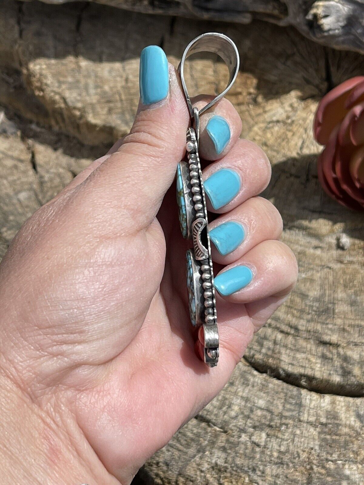 Handcrafted Sterling Kingman Web Turquoise & Red Coral Taos Pendant Danny Clark