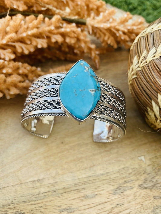Handcrafted & Hand Stamped Sterling Silver & Royston Turquoise Cuff Bracelet Signed