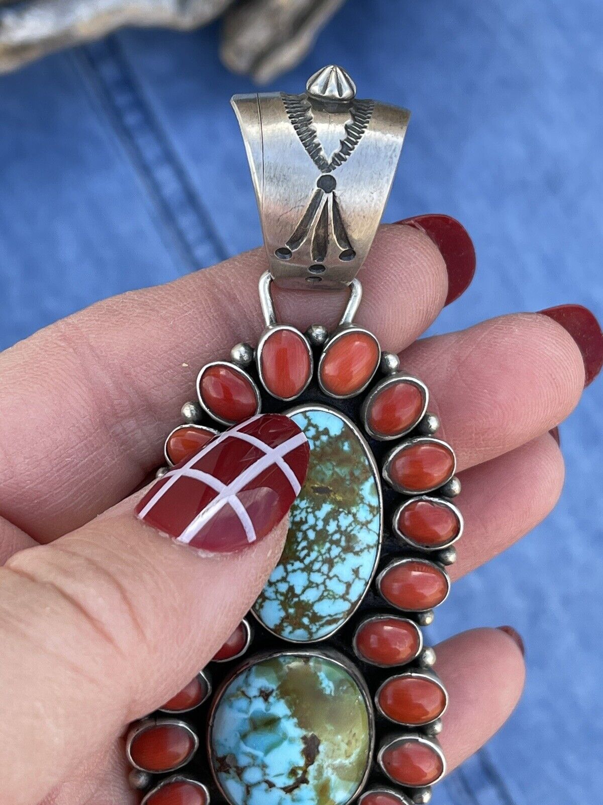 Handcrafted Sterling 2 Stone Kingman Web Turquoise & Red Coral Taos Pendant