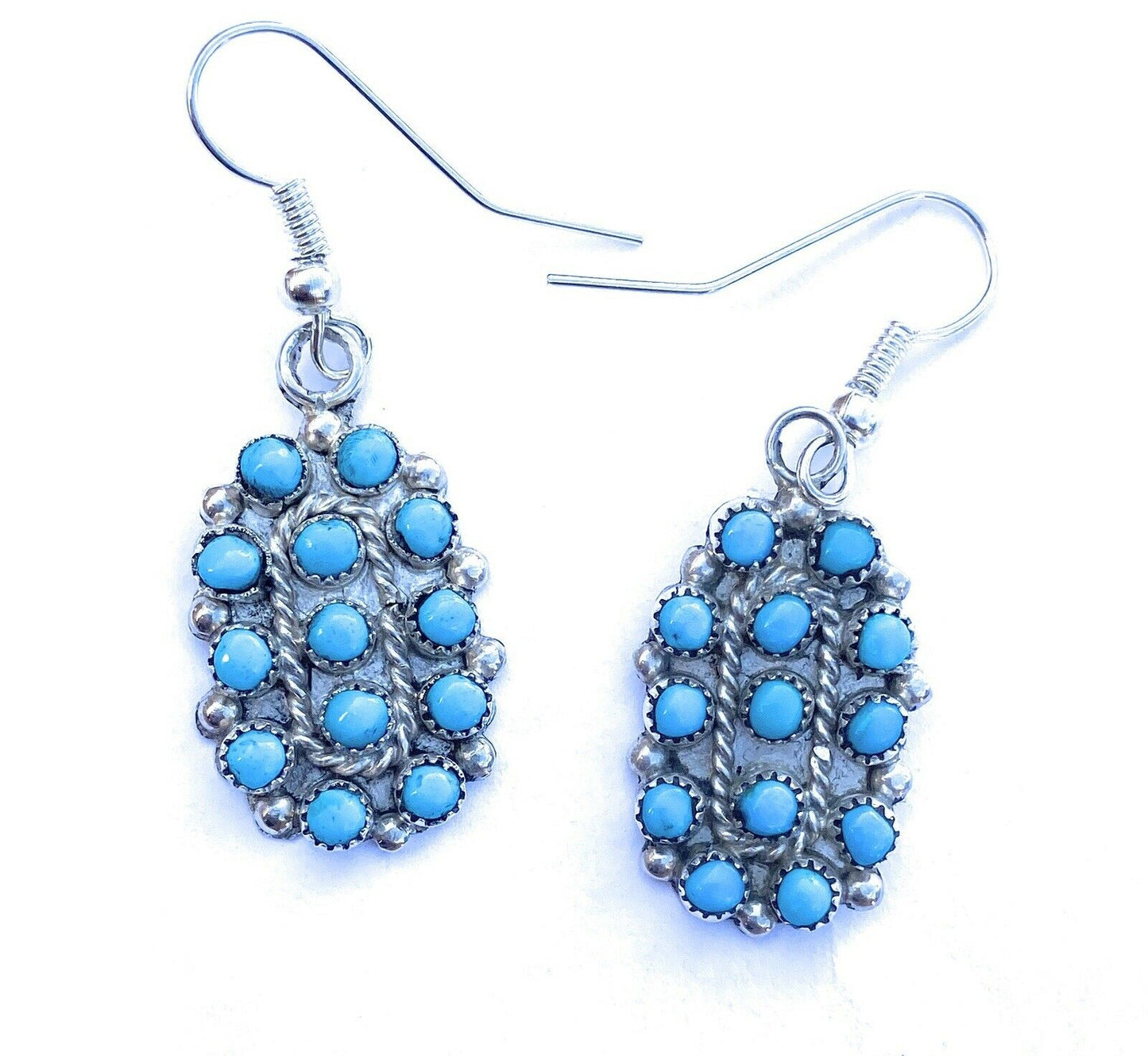 Zuni Sterling Silver & Turquoise Petit Point Cluster Dangle Earrings