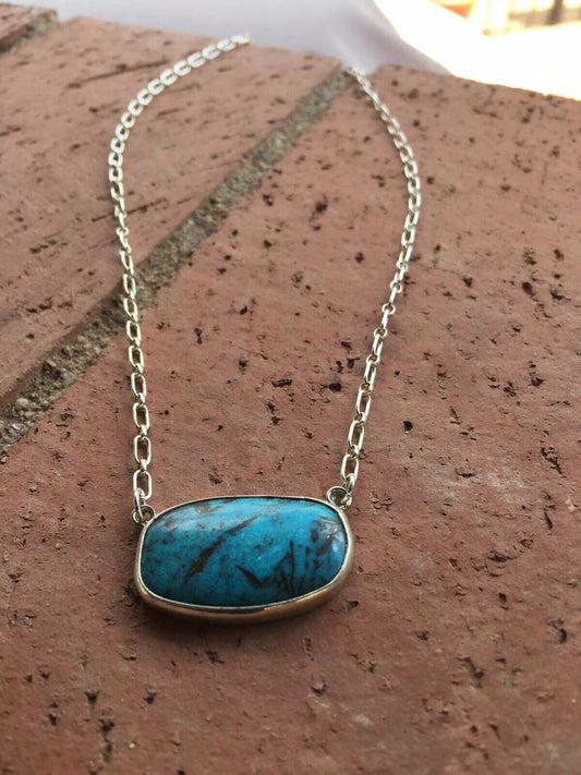 Handcrafted Kingman Turquoise Sterling Silver Drop Necklace Signed