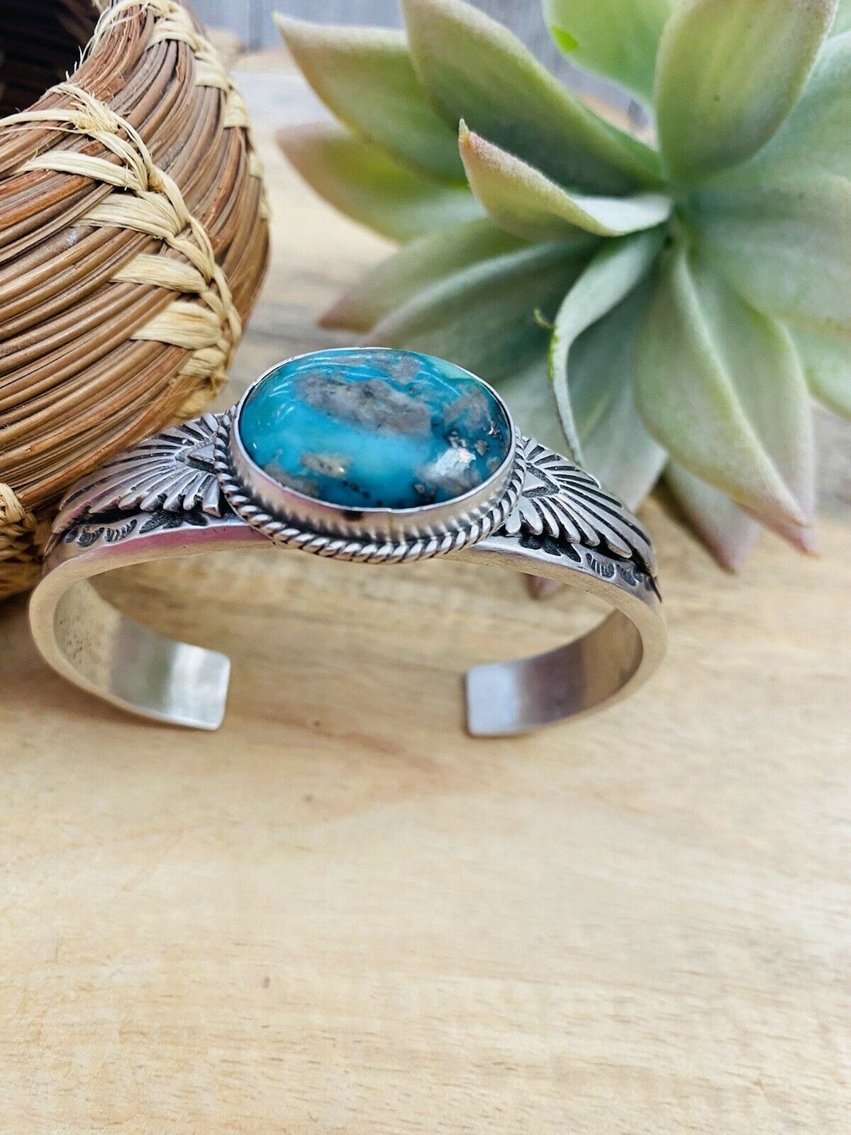 Handcrafted Sterling Silver & Royston Turquoise Cuff Bracelet Signed