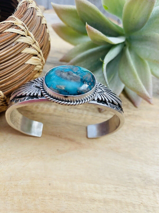 Handcrafted Sterling Silver & Royston Turquoise Cuff Bracelet Signed