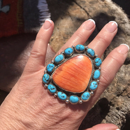 Navajo Cluster Turquoise Spiny Oyster Sterling Silver Ring Sz 8