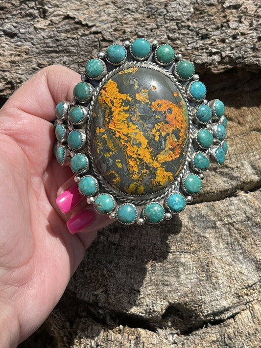 Handcrafted Sterling Silver Bumblebee & Turquoise Cluster Cuff Bracelet /