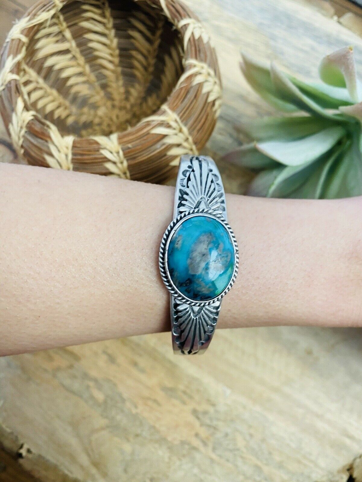 Handcrafted Sterling Silver & Royston Turquoise Cuff Bracelet Signed