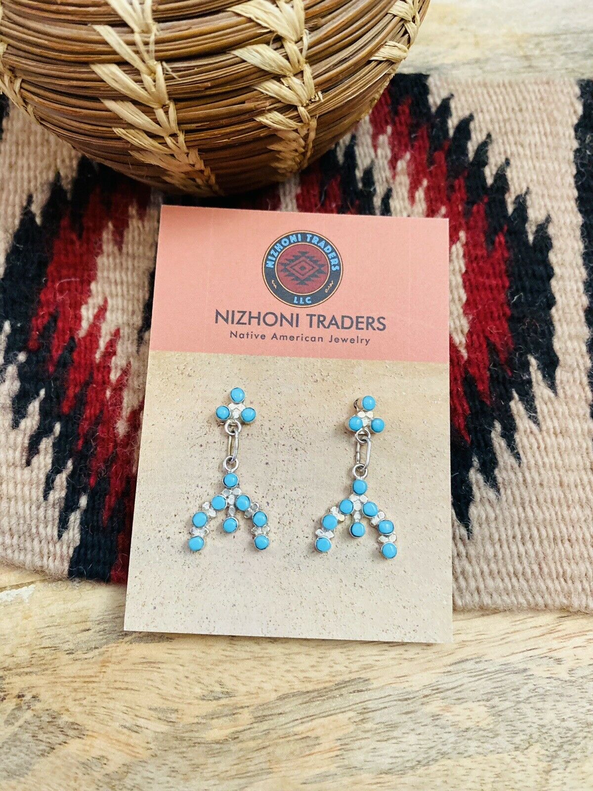 Long Zuni Petit Point Turquoise dangle Earrings Native store American Silver jewelry