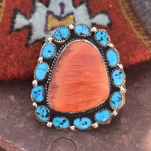 Navajo Cluster Turquoise Spiny Oyster Sterling Silver Ring Sz 8
