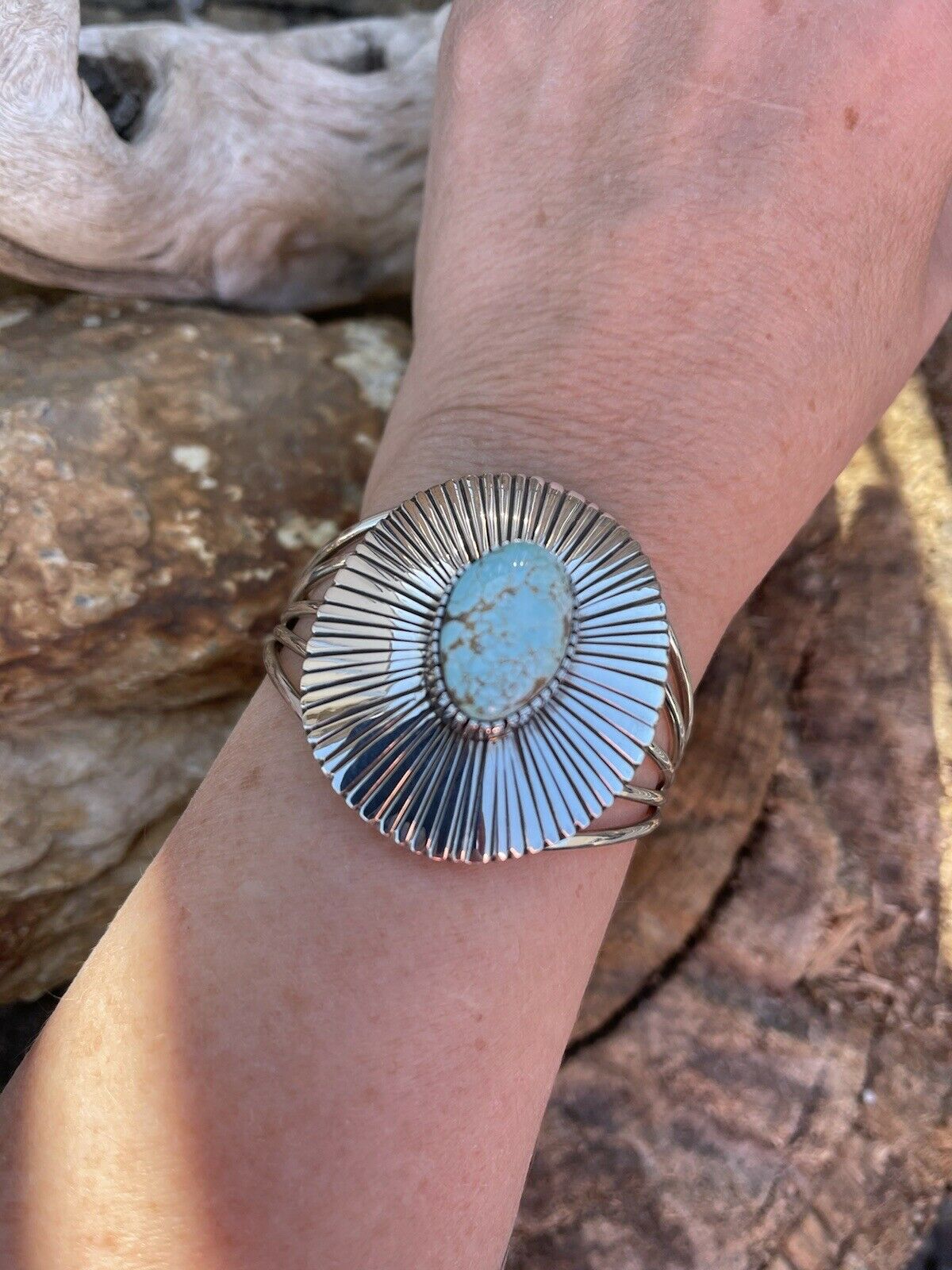 Handcrafted Handmade Sterling Silver & Number 8 Turquoise Signed Lined Cuff Signed