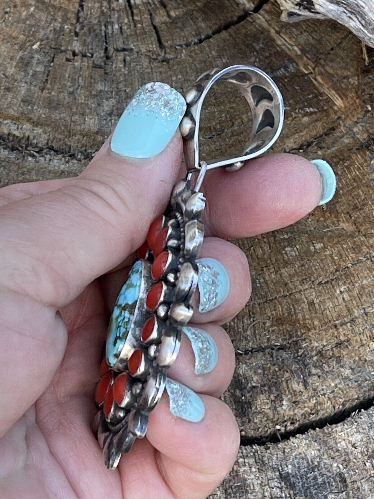 Handcrafted Sterling Kingman Web Turquoise & Red Coral Taos Ornate Pendant D. Clark