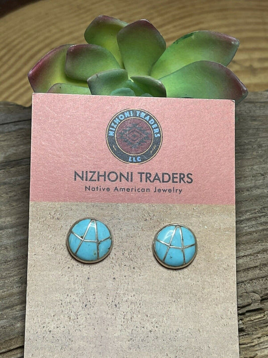Handcrafted Sterling Silver & Turquoise Inlay Circle Post Earrings Signed K