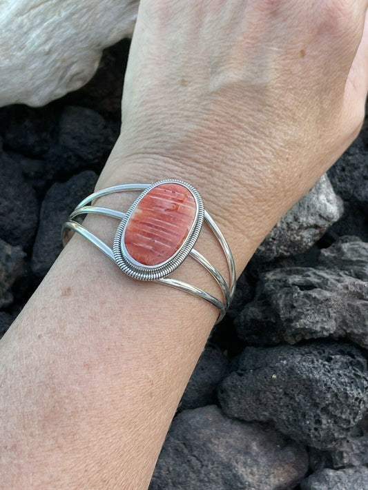 Handcrafted Orange Spiny Sterling Silver Cuff Bracelet Stamped Wydell Billie /