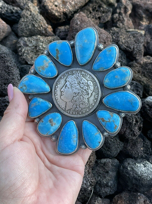 Handcrafted Sterling Silver Coin & Kingman Turquoise Adjustable Ring