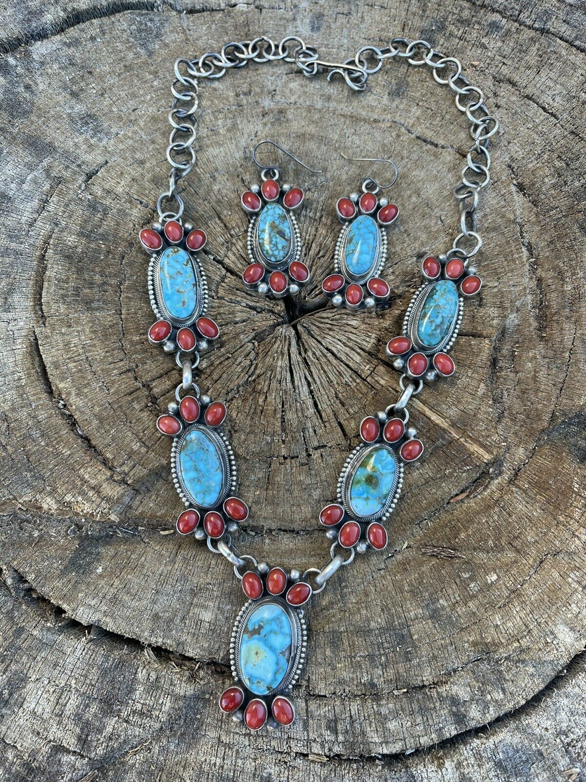 Handcrafted Sterling Kingman Turquoise Natural Red Coral Necklace Set Taos Collection