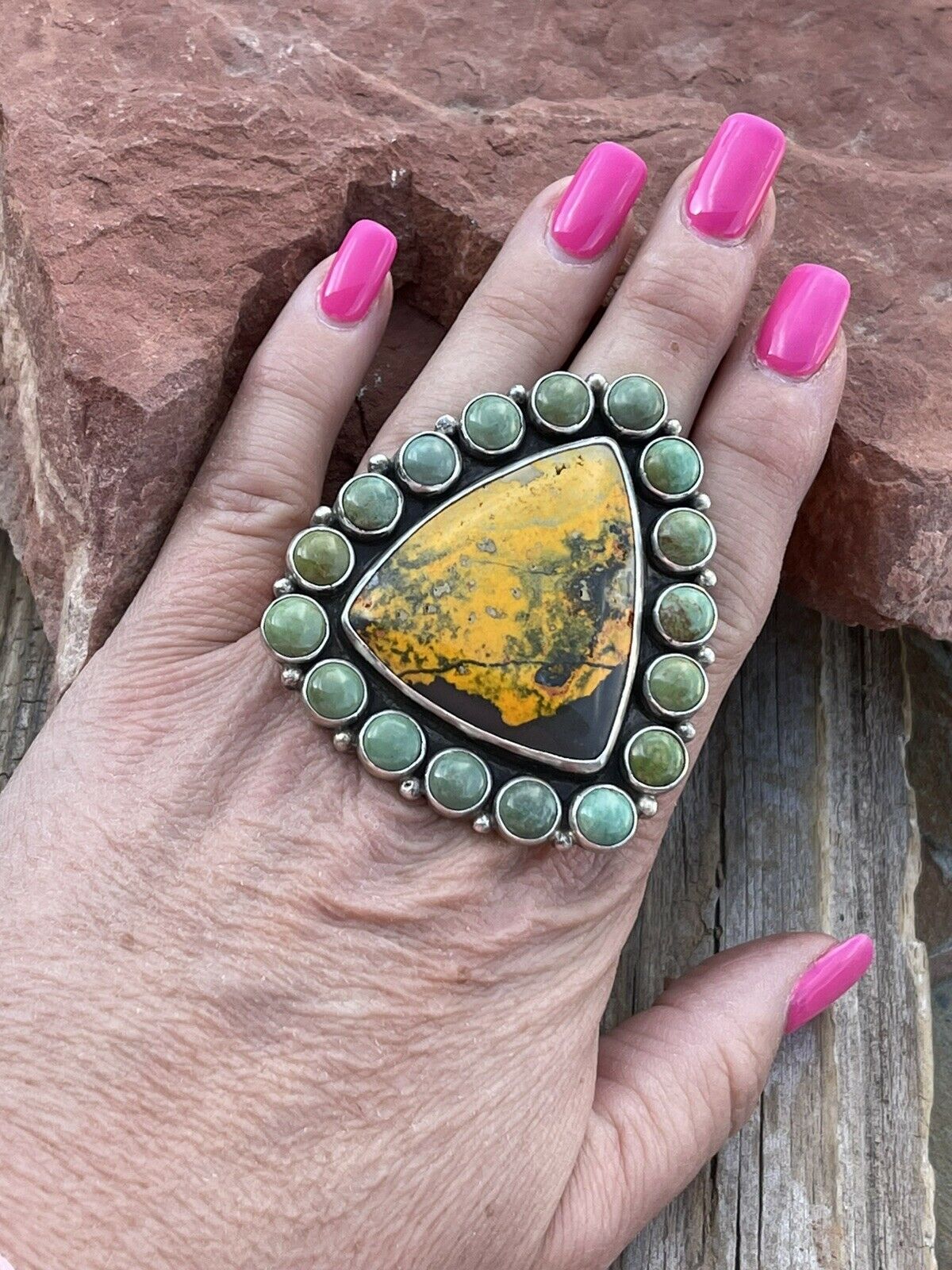 Handcrafted Turquoise & Bumble Bee Cluster Jumbo Ring Size 7