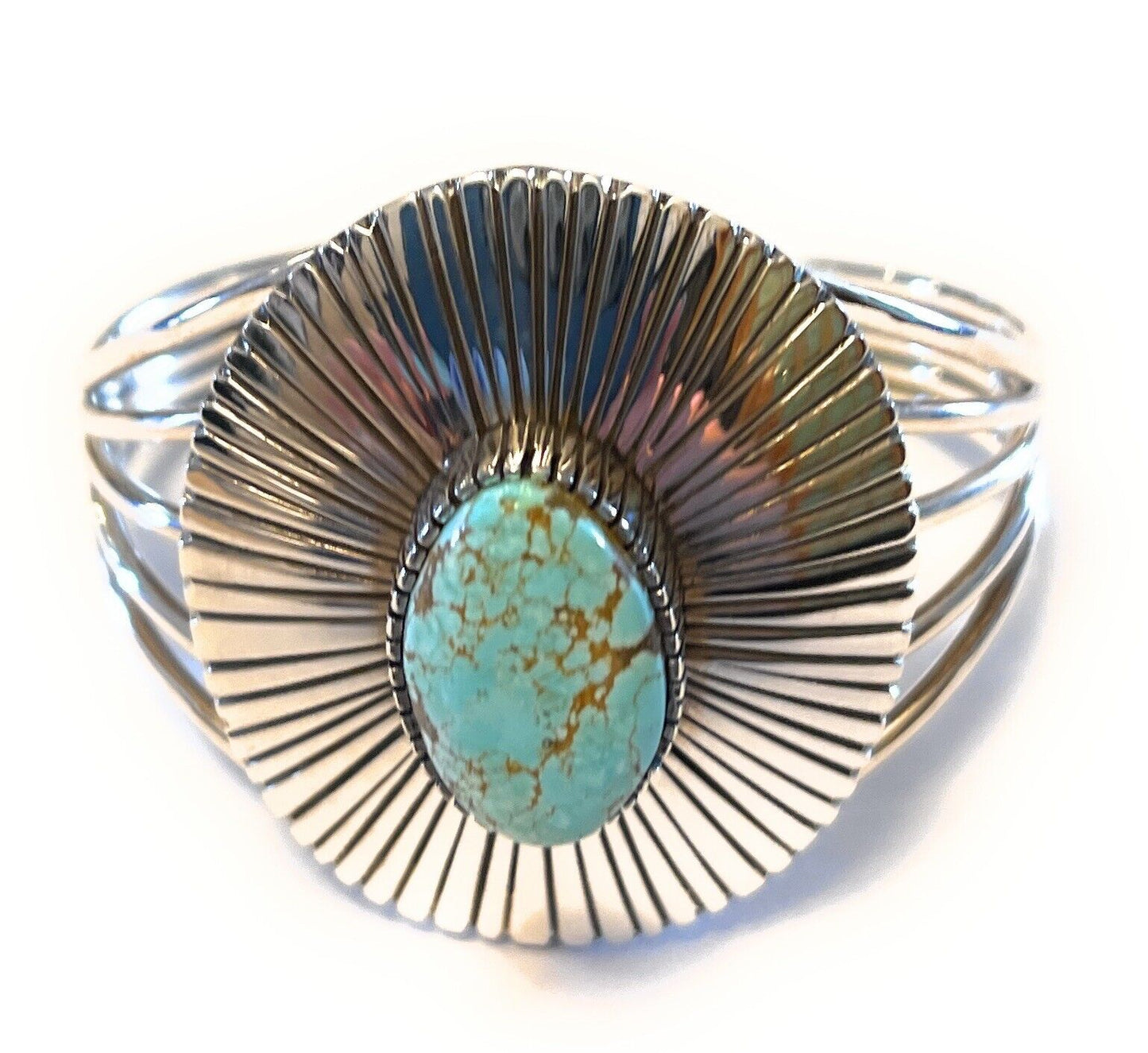 Handcrafted Handmade Sterling Silver & Number 8 Turquoise Signed Lined Cuff Signed