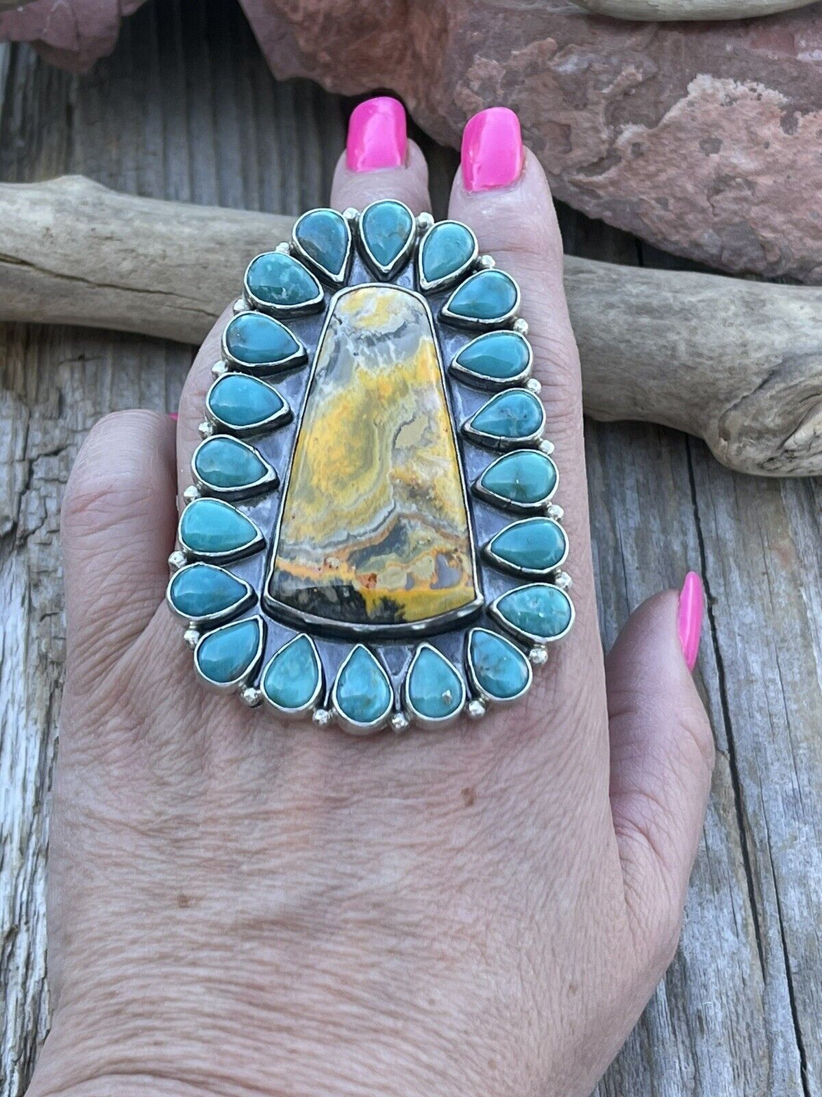 Handcrafted Sterling Bumblebee and Turquoise Stone Ring Sz 8