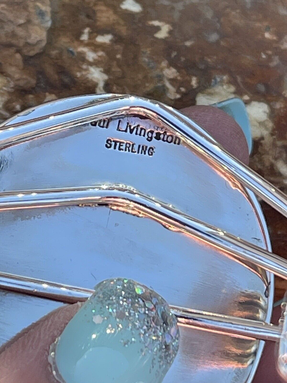 Handcrafted Handmade Sterling Silver & Number 8 Turquoise Signed Lined Cuff Signed