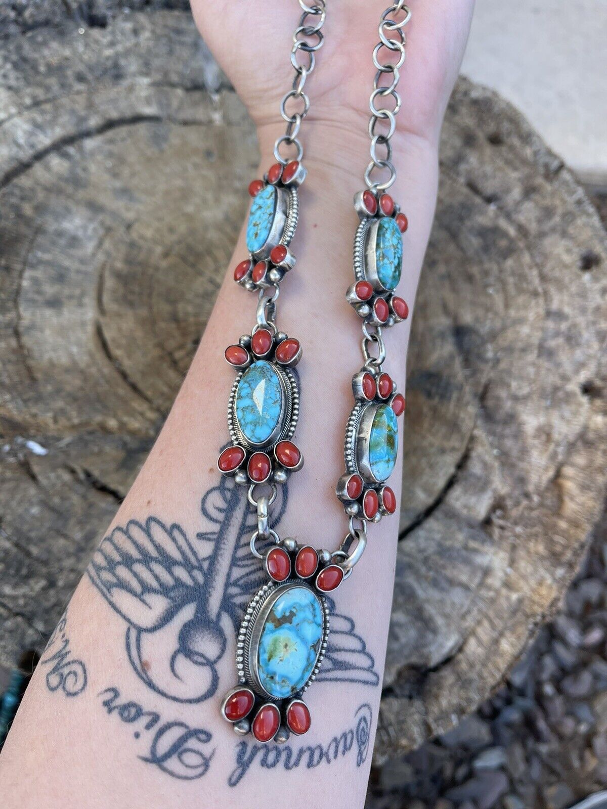 Handcrafted Sterling Kingman Turquoise Natural Red Coral Necklace Set Taos Collection