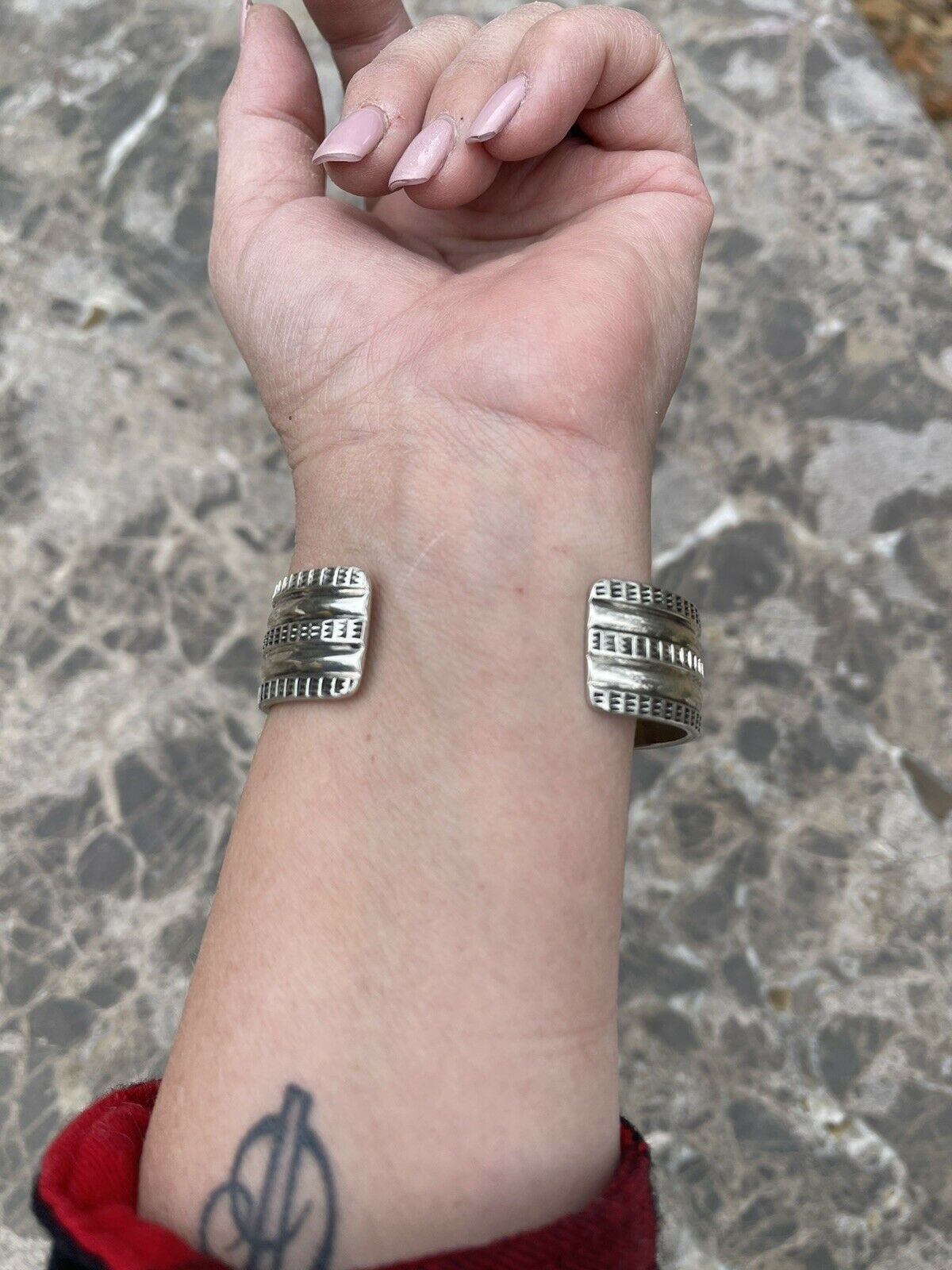 Handcrafted Sterling Silver Tribal Style Hand Stamped Bracelet Cuff Signed