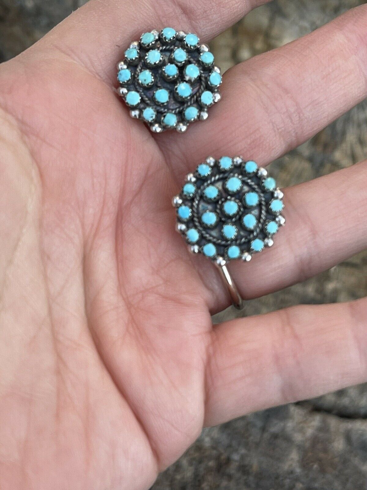 Zuni Sterling Silver & Turquoise Cluster Stud Earrings Signed LW