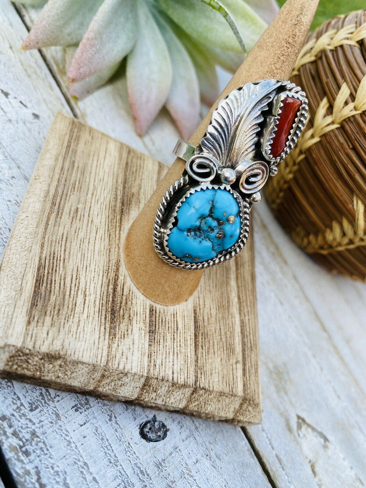 Handcrafted Turquoise, Coral & Sterling Silver Ring Size 5