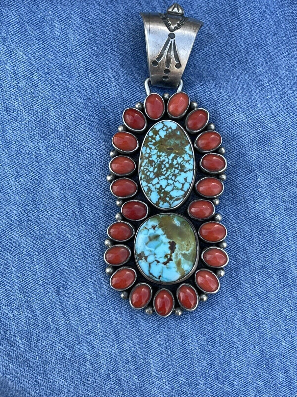 Handcrafted Sterling 2 Stone Kingman Web Turquoise & Red Coral Taos Pendant
